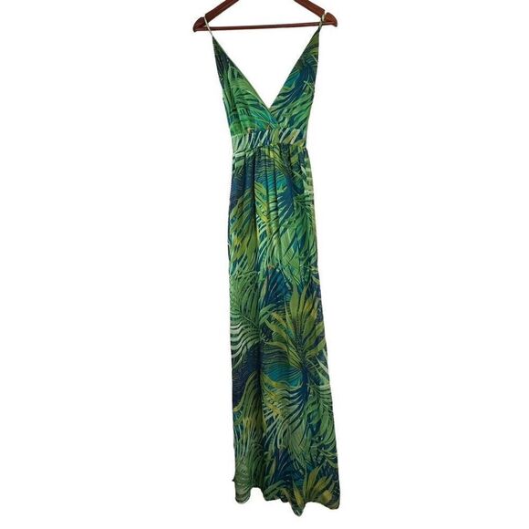 Revamped Tropical Leaf Print Maxi Dress Womens Large Coloful Chiffon Boho Glam - Picture 1 of 12